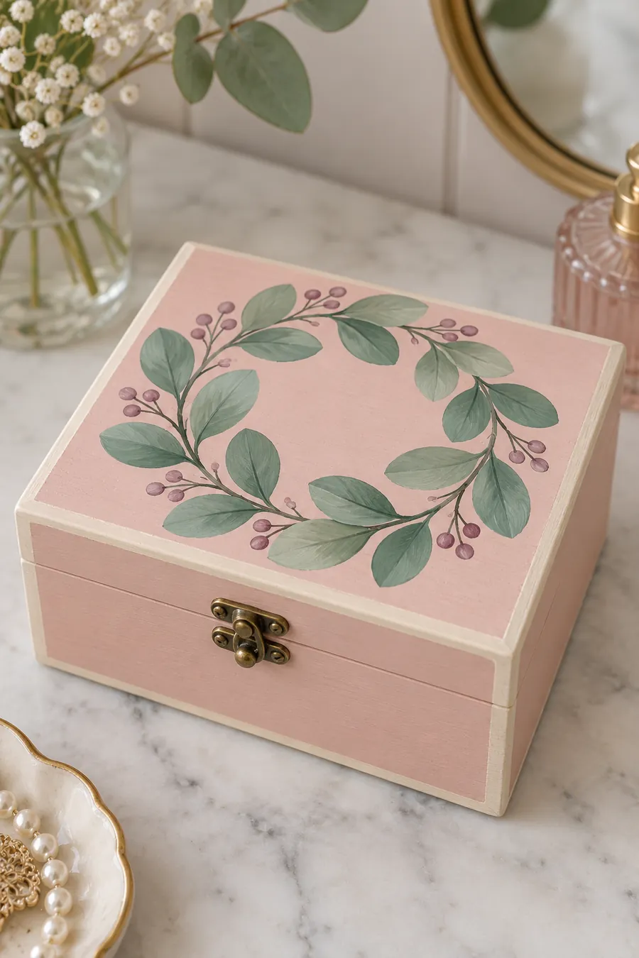 Blush box with a sage eucalyptus wreath