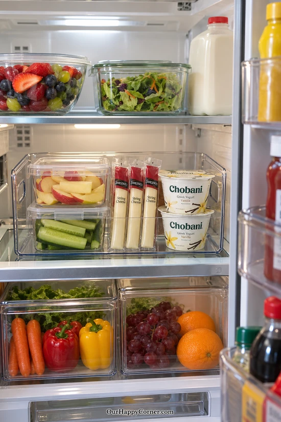 Family snack bin with apple slices, cucumber sticks, wrapped cheese, and yogurt