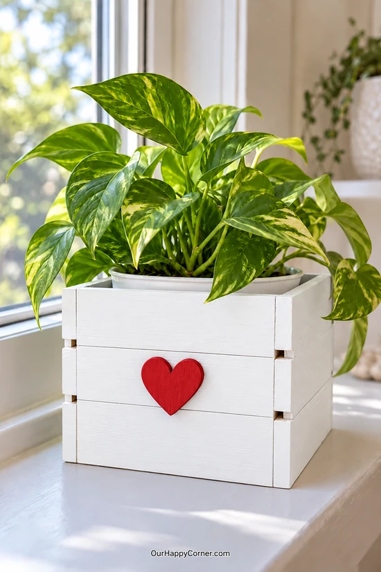 White wooden planter sleeve with a red heart surrounding a removable white pothos pot