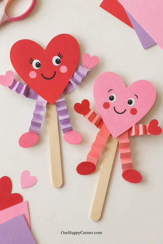 Heart puppets with accordion paper limbs and craft-stick handles