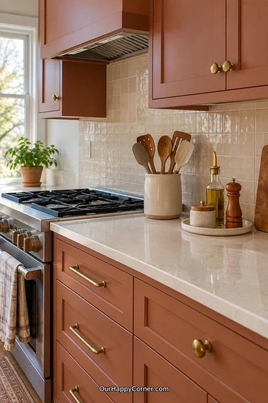 Everyday cooking utensils in a ceramic countertop crock