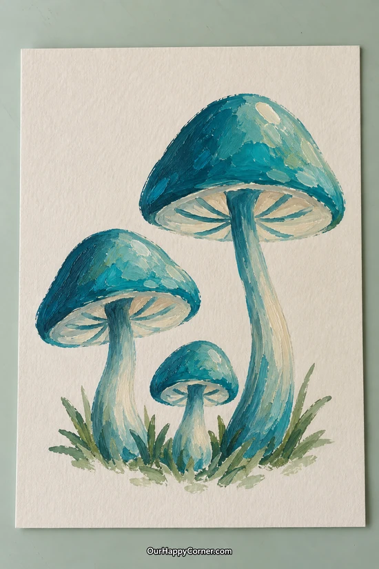 Three teal mushrooms with cream highlights on ivory