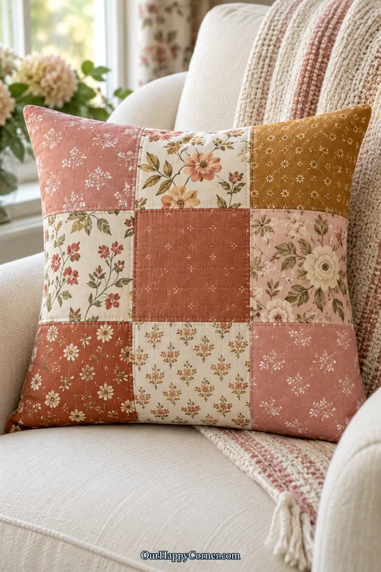 Dusty rose, cream floral, and mustard patchwork cushion on a pale upholstered chair