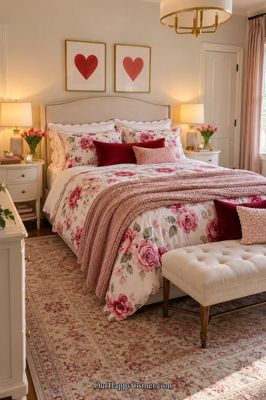 Pink floral bedding with a red cushion and soft knitted throw