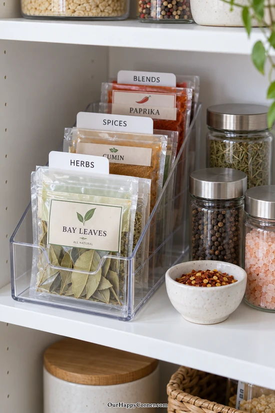 Clear file organizer holding spice refill packets behind labeled category dividers