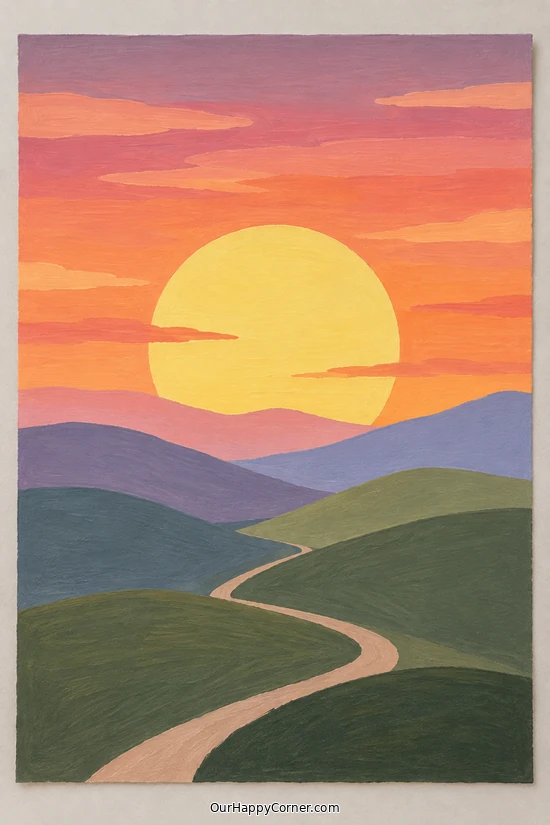 Colorful Layered Hills and an Oversized Sun painting on canvas