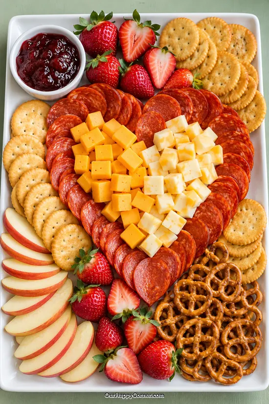 Pepperoni heart filled with cheese cubes beside crackers, strawberries, apples, pretzels, and jam