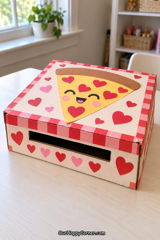 Paper pizza slice with heart pepperoni on a card box