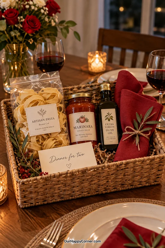 Pasta, sauce, olive oil, and red napkins in a dinner gift hamper