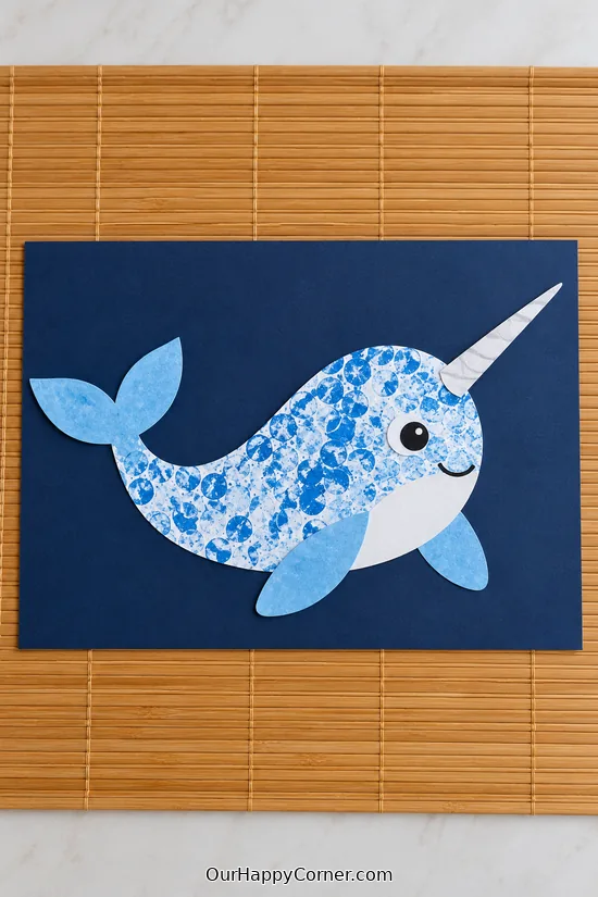 Bubble-Wrap Narwhal Collage made from simple craft supplies