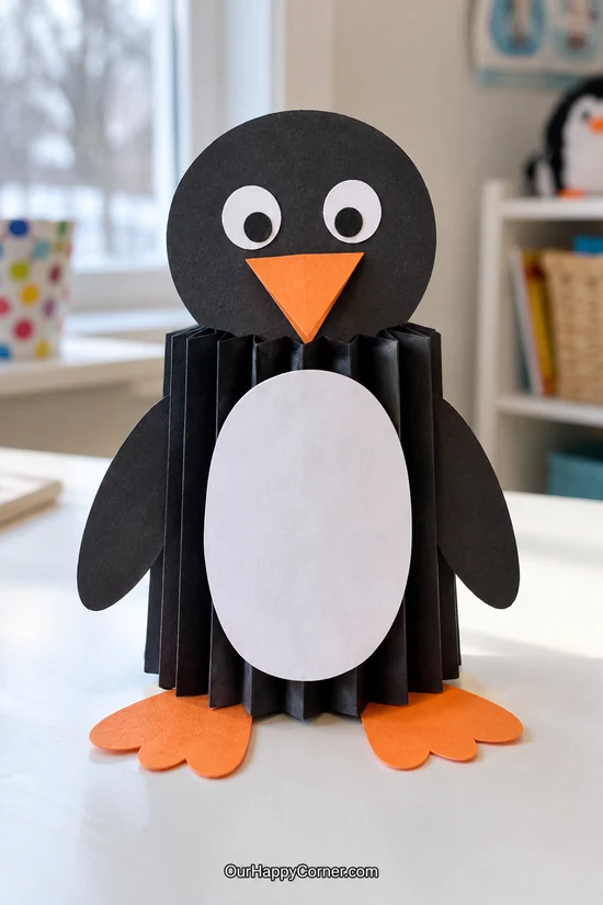 Standing penguin with pleated black paper body