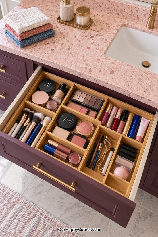 Bathroom organization with bamboo dividers separating makeup and brushes