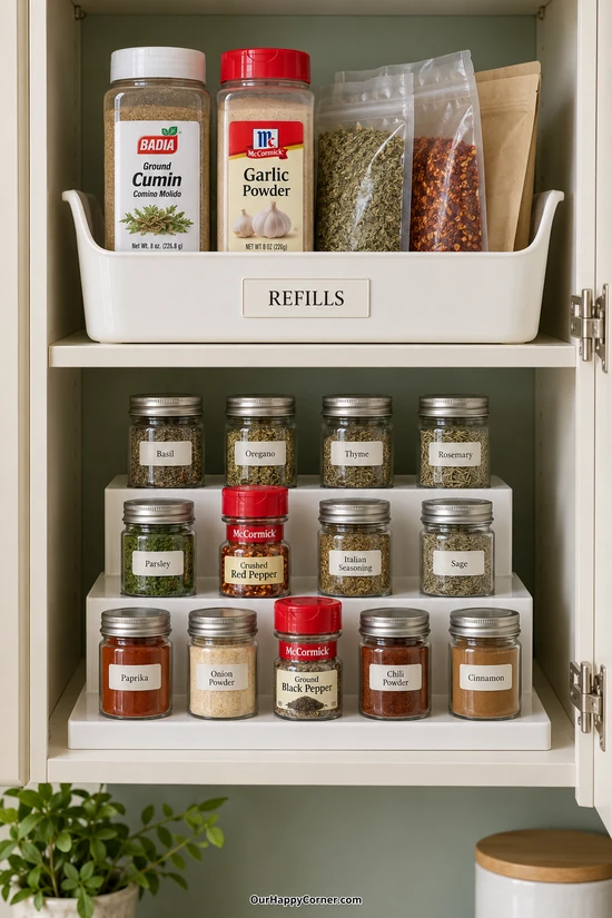 Spice rack organization with everyday jars below a separate labeled refill bin