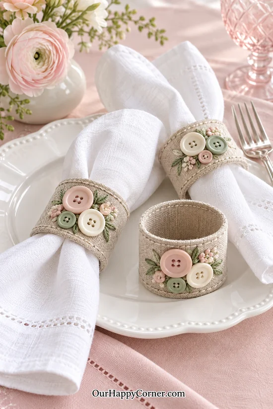 Linen napkin rings with blush and sage clusters