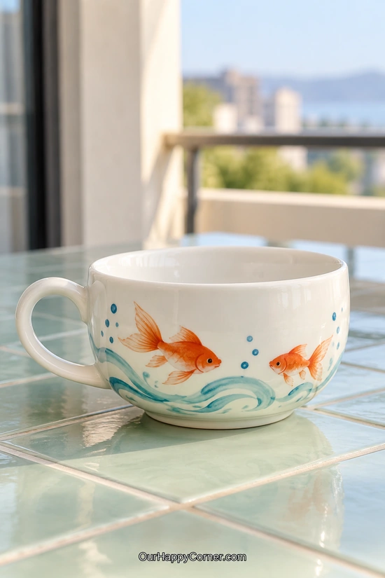 Ceramic cup painting ideas with orange goldfish, teal water lines, and bubbles