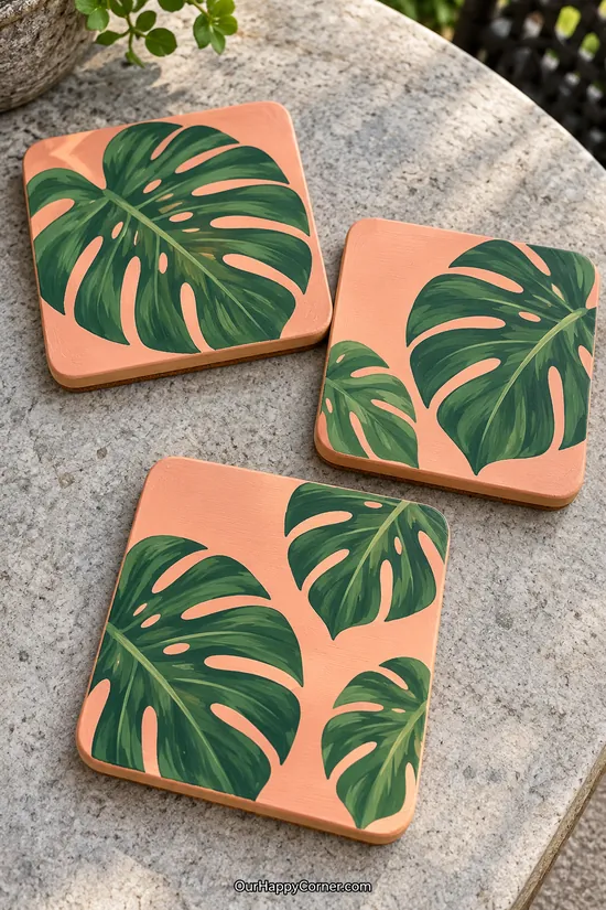 Tropical coaster painting ideas with green monstera leaves on peach