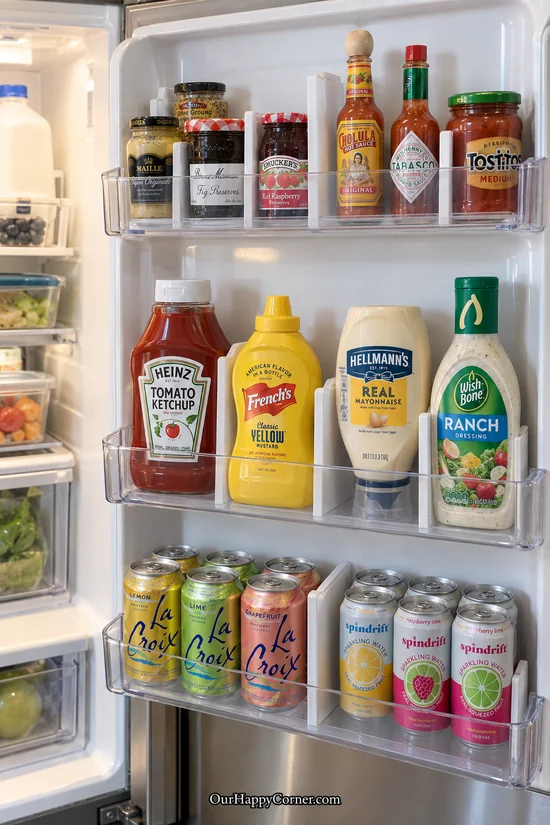 Refrigerator door dividers organizing sauces, preserves, and sparkling water
