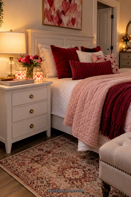 Heart-decorated glowing jars beside pink bedroom bedding