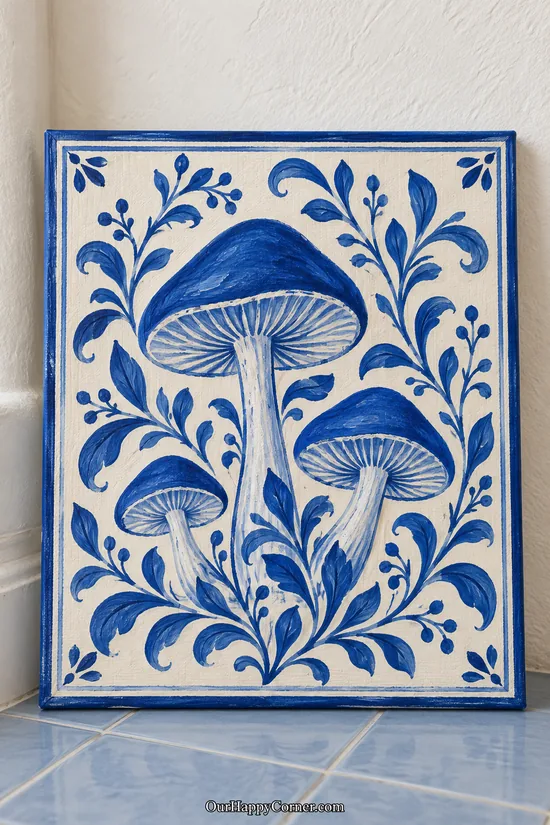 Mushroom painting ideas featuring cobalt blue mushrooms and curling leaves on ivory