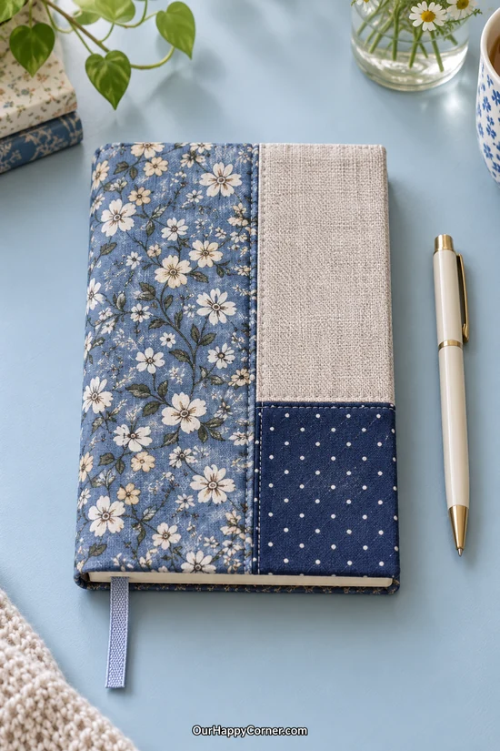Closed notebook with a blue floral, oatmeal, and navy dot fabric cover lying flat