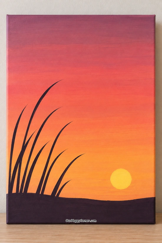 Sunset painting ideas featuring grass silhouettes in the evening light