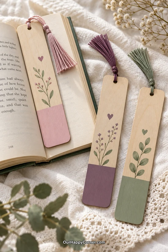 Thin wooden bookmarks with pink, plum, and sage painted sections, floral sprigs, and tassels