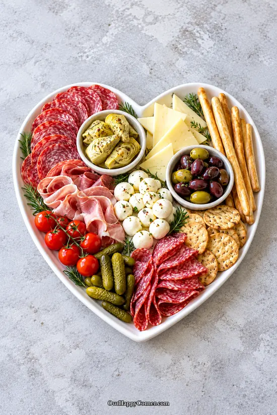 Savory Valentine’s charcuterie board with salami, mozzarella, provolone, artichokes, olives, and breadsticks