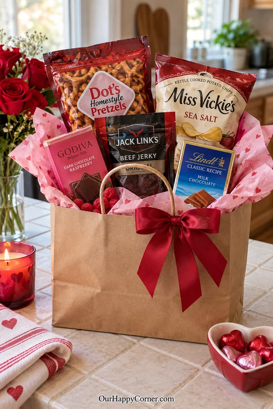 Favorite packaged snacks arranged in a Valentine gift bag