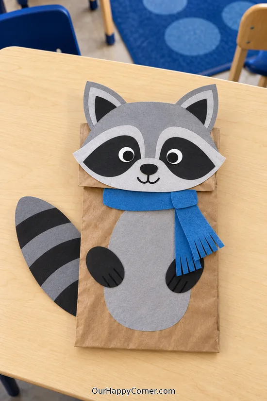 winter animal crafts for kids with paper bag raccoon puppet