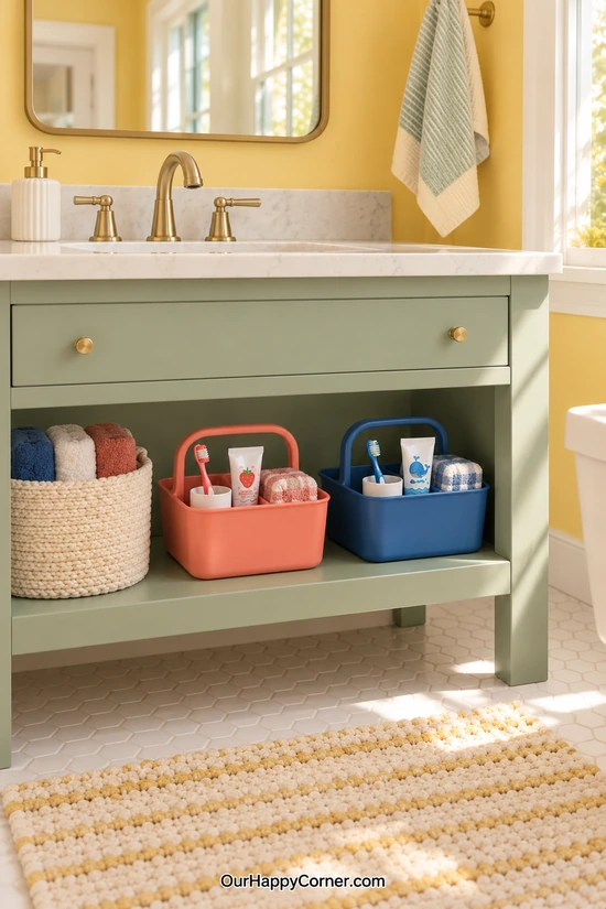 Coral and blue children’s caddies on a sage vanity shelf