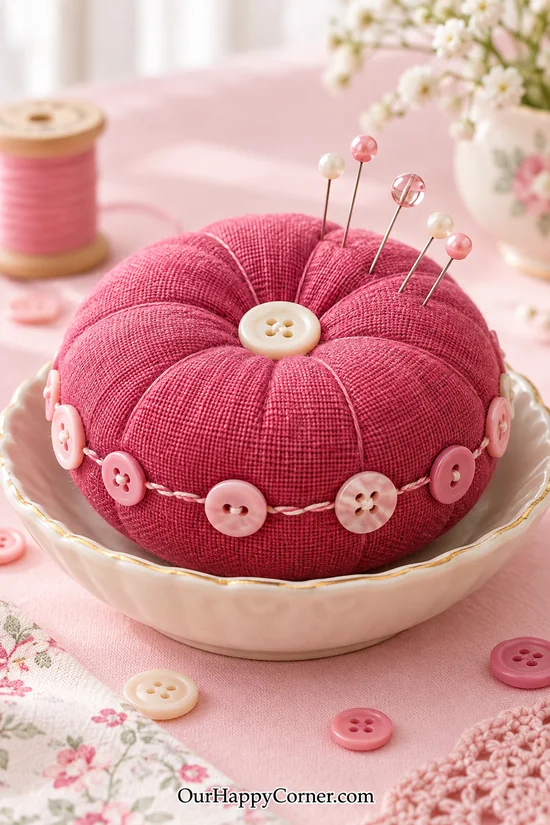 Raspberry pincushion with ivory center button and side trim