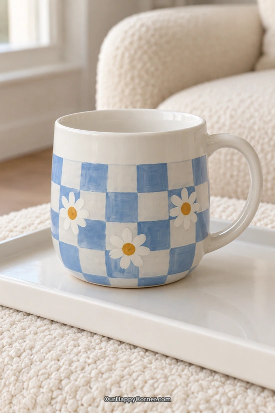 Rounded white mug painted with pale blue checkerboard and white daisies