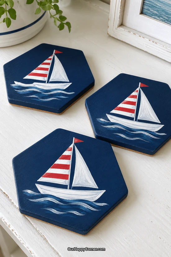 Navy hexagonal coasters painted with white sailboats and red striped sails