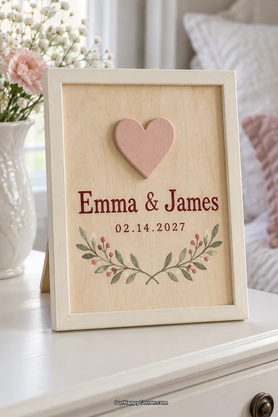 Framed wood plaque with Emma and James lettering, a Valentine date, and a raised pink heart