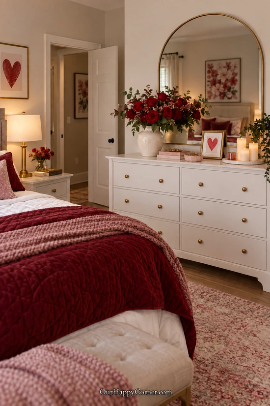Bedroom dresser styled with roses, candles, and a heart accent