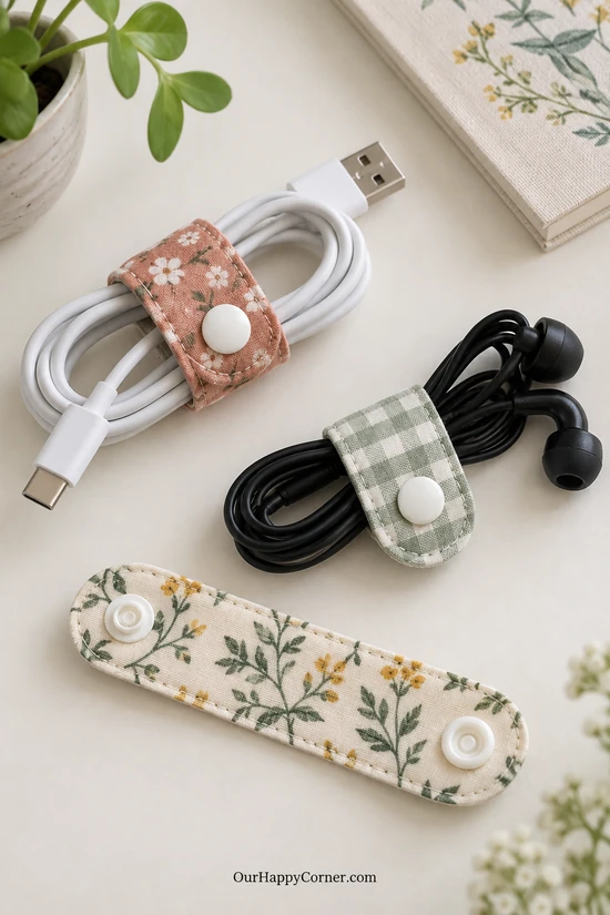 Fabric scraps ideas for travel: floral and gingham cord keepers around cables