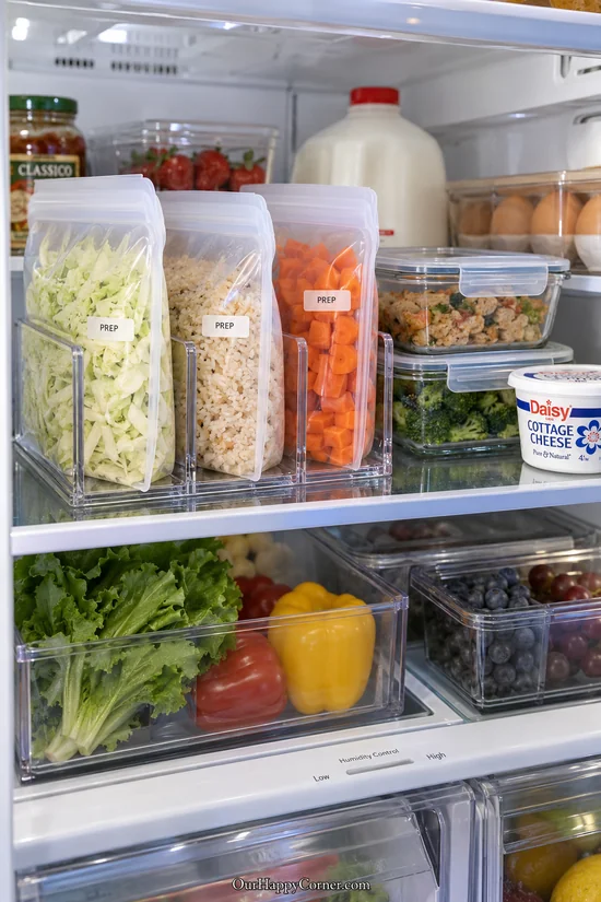 Flat reusable food bags stored upright in a narrow refrigerator rack