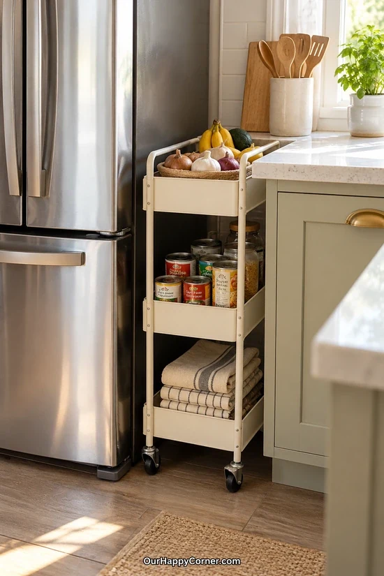 Slim rolling storage cart beside kitchen cabinets