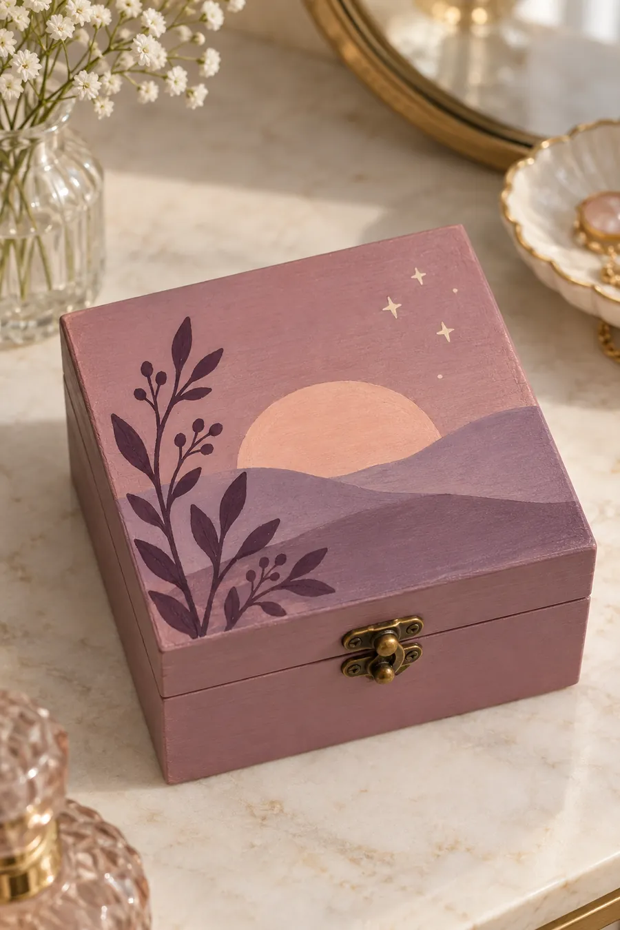 Mauve box with a peach sunset and hills