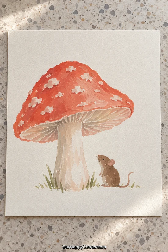 A tiny brown mouse beside a coral mushroom