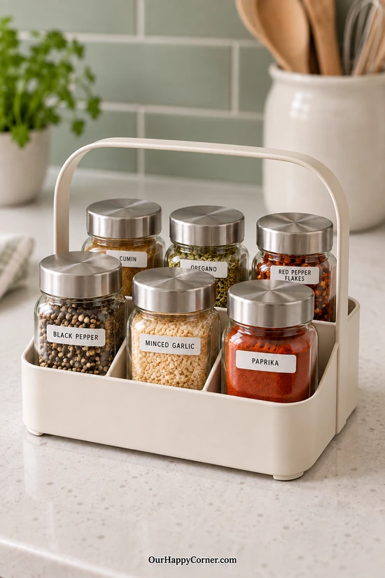 Cream handled spice caddy with six labeled glass jars on a light countertop