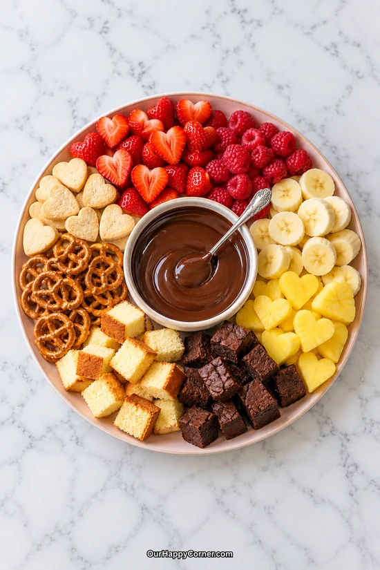 Strawberry and pineapple hearts with chocolate dip, bananas, brownies, cake, pretzels, and shortbread