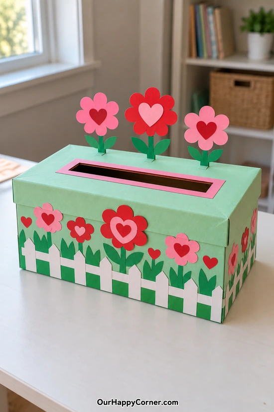 Mint flower garden box with paper flowers and a fence