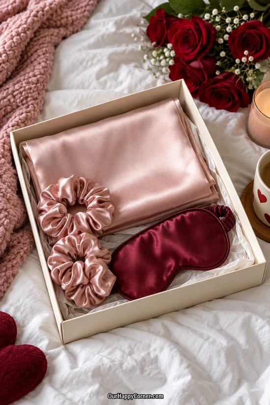 Blush satin pillowcase, scrunchies, and a burgundy sleep mask