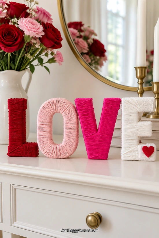 Yarn-Wrapped LOVE Letters in red and pink Valentine colors