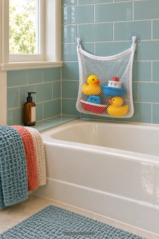 Bathroom organization with a mesh toy bag hanging over the bathtub