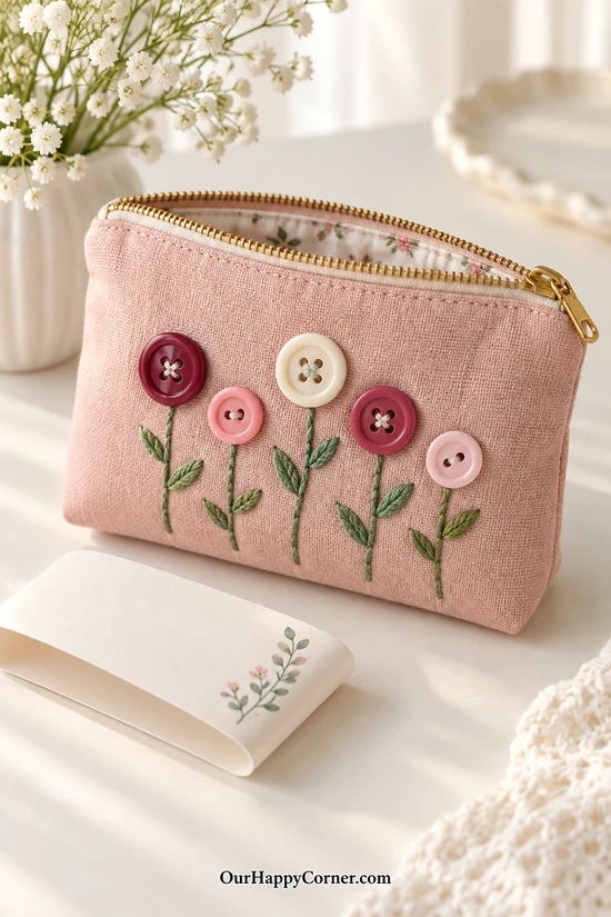 Blush zipper pouch with embroidered stems and flowers