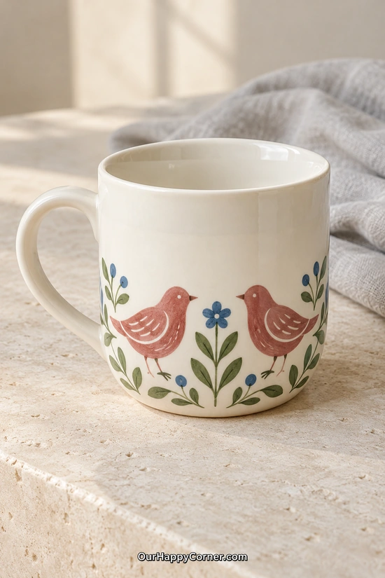 Ceramic cup painting ideas featuring dusky rose folk birds and blue flowers
