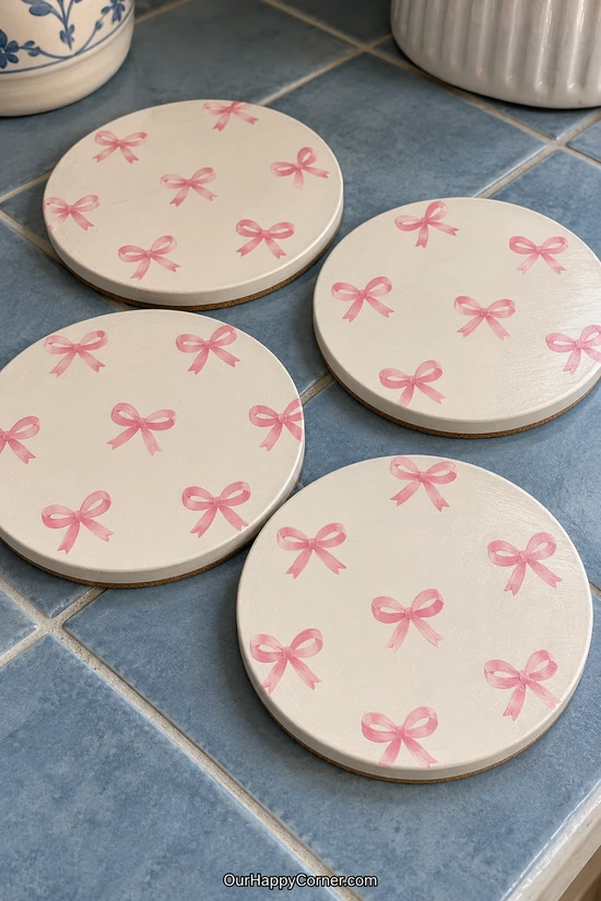 Pink bow coaster painting ideas on ivory round wooden blanks