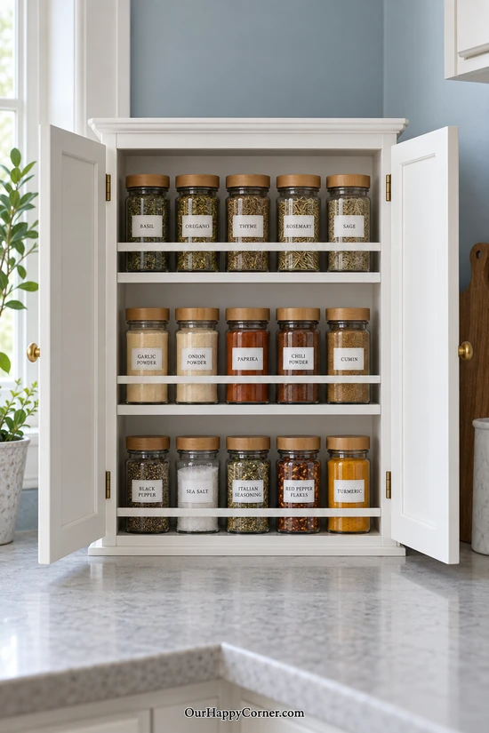 Small white countertop spice cabinet with open doors and three shelves of jars
